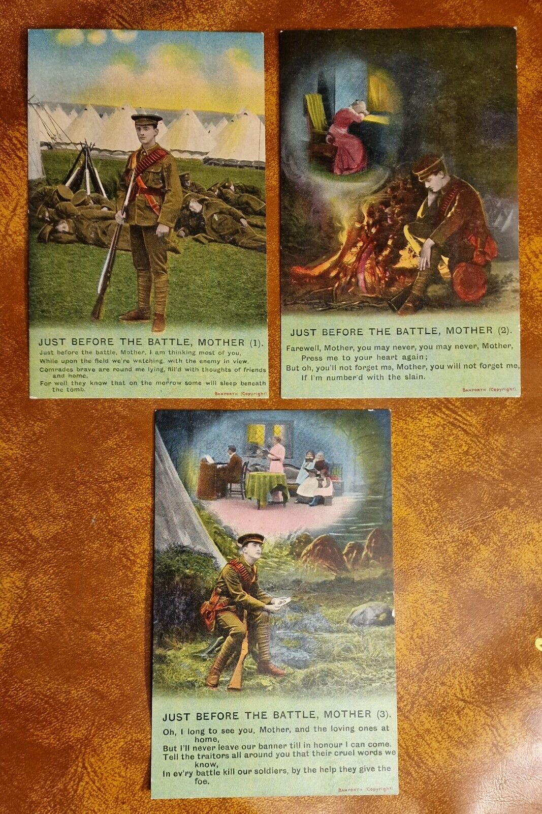 Three Original WW1 Bamforth Song Cards “Just Before The Battle, Mother.” 4778 