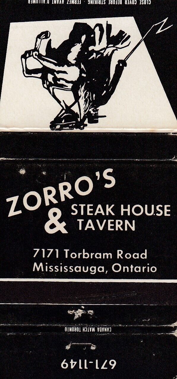 Matchbook Cover  Zorro\'s Steak House & Tavern, Mississauga, Ontario 