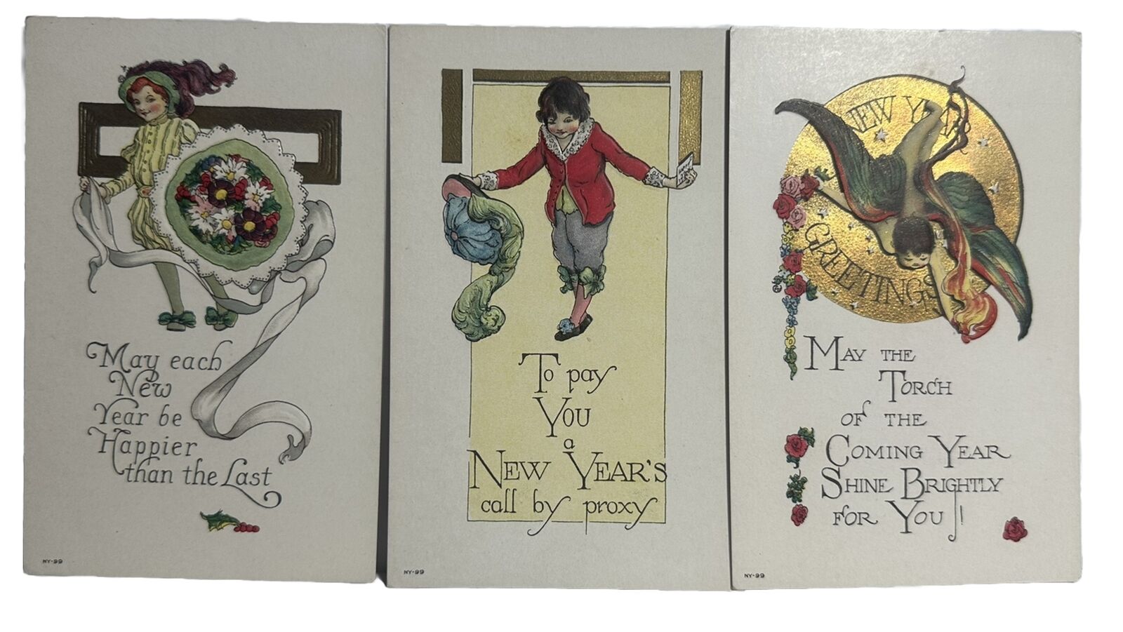 New Year Postcard Art Deco Fairy Children Gold Orb Lot 3