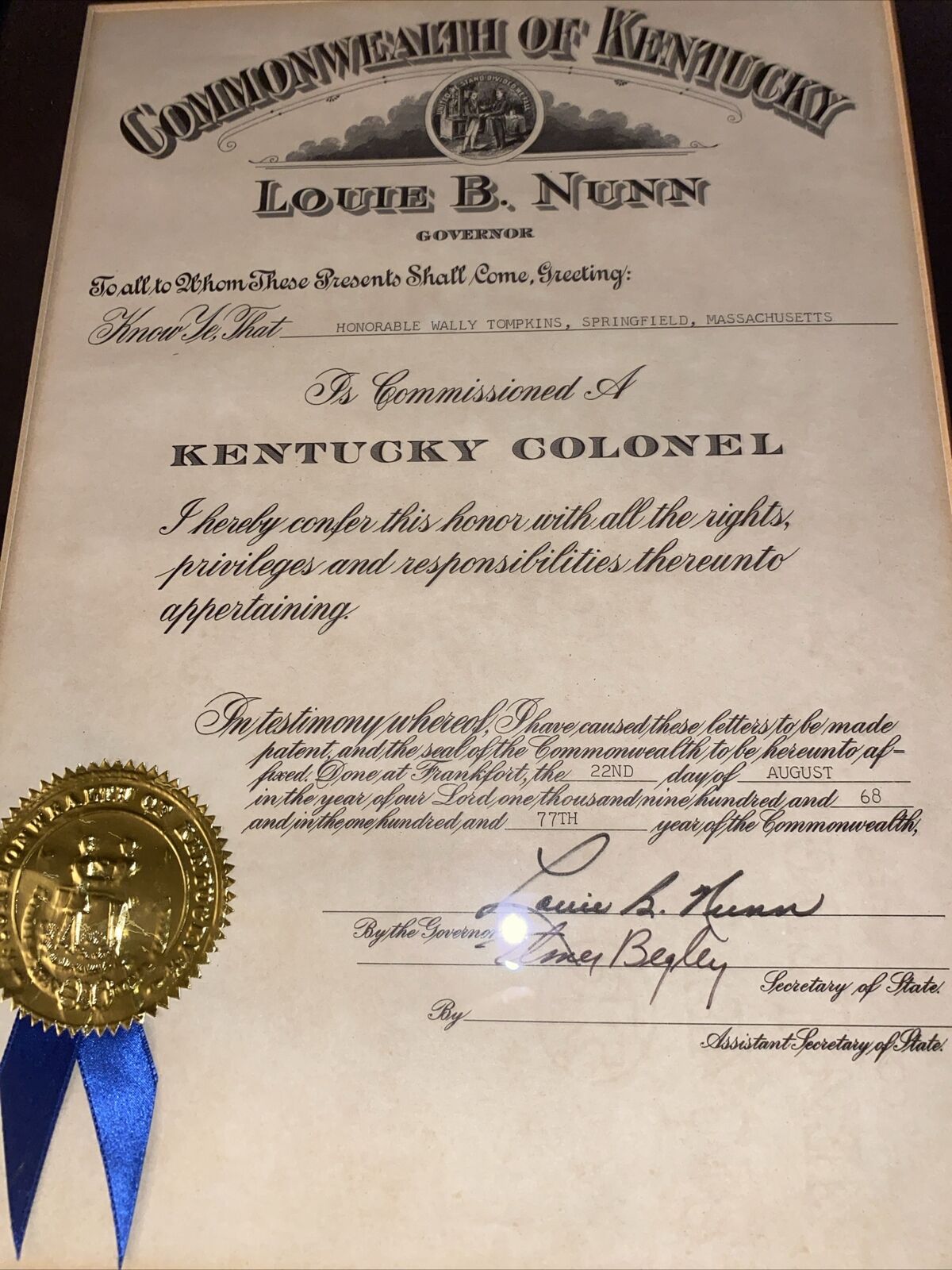 Louie B. Nunn- (Gov of Kentucky)- Signed 1968 Appointment as a Kentucky Colonel