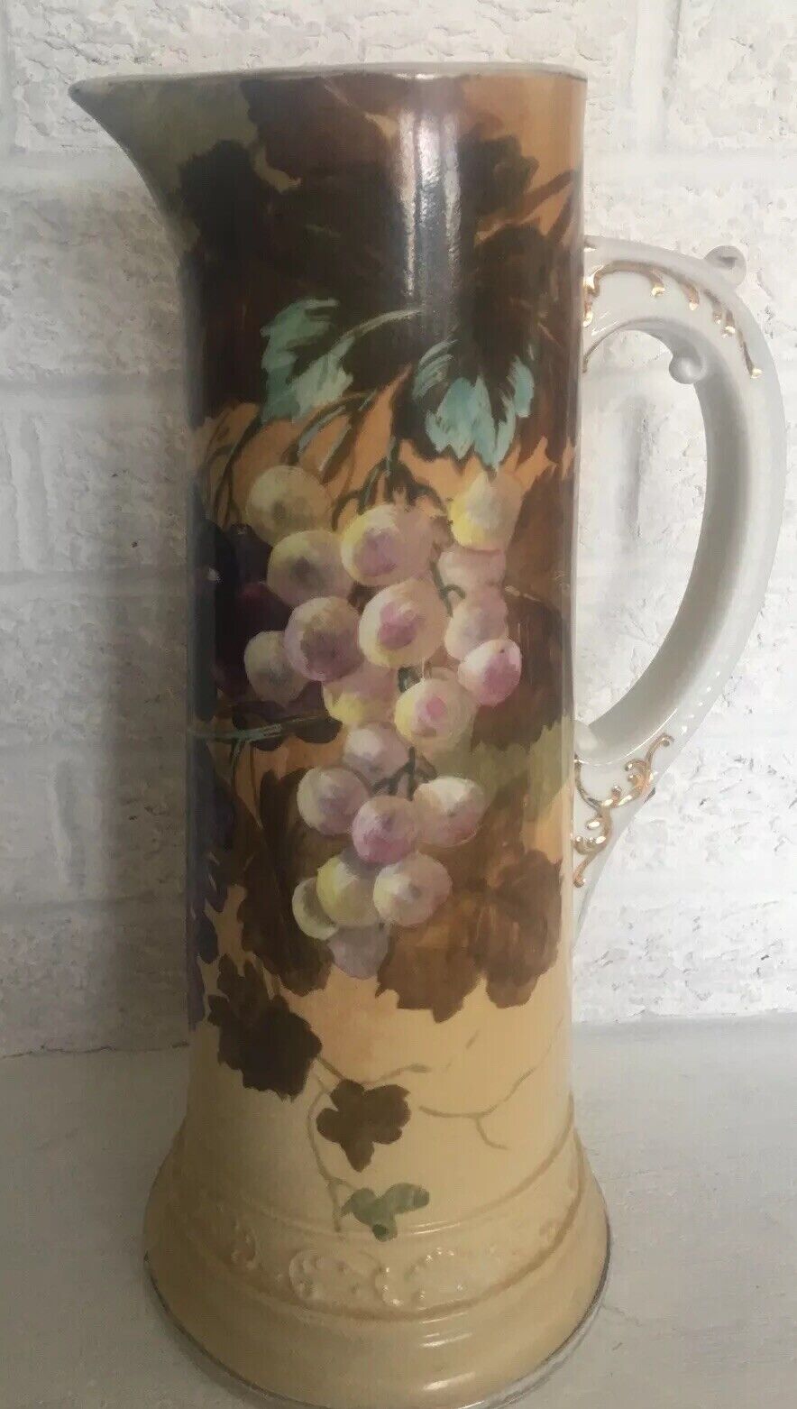 Antique WG& co Limoges France Pitcher Tankard Hand-Painted Grapes H 15”
