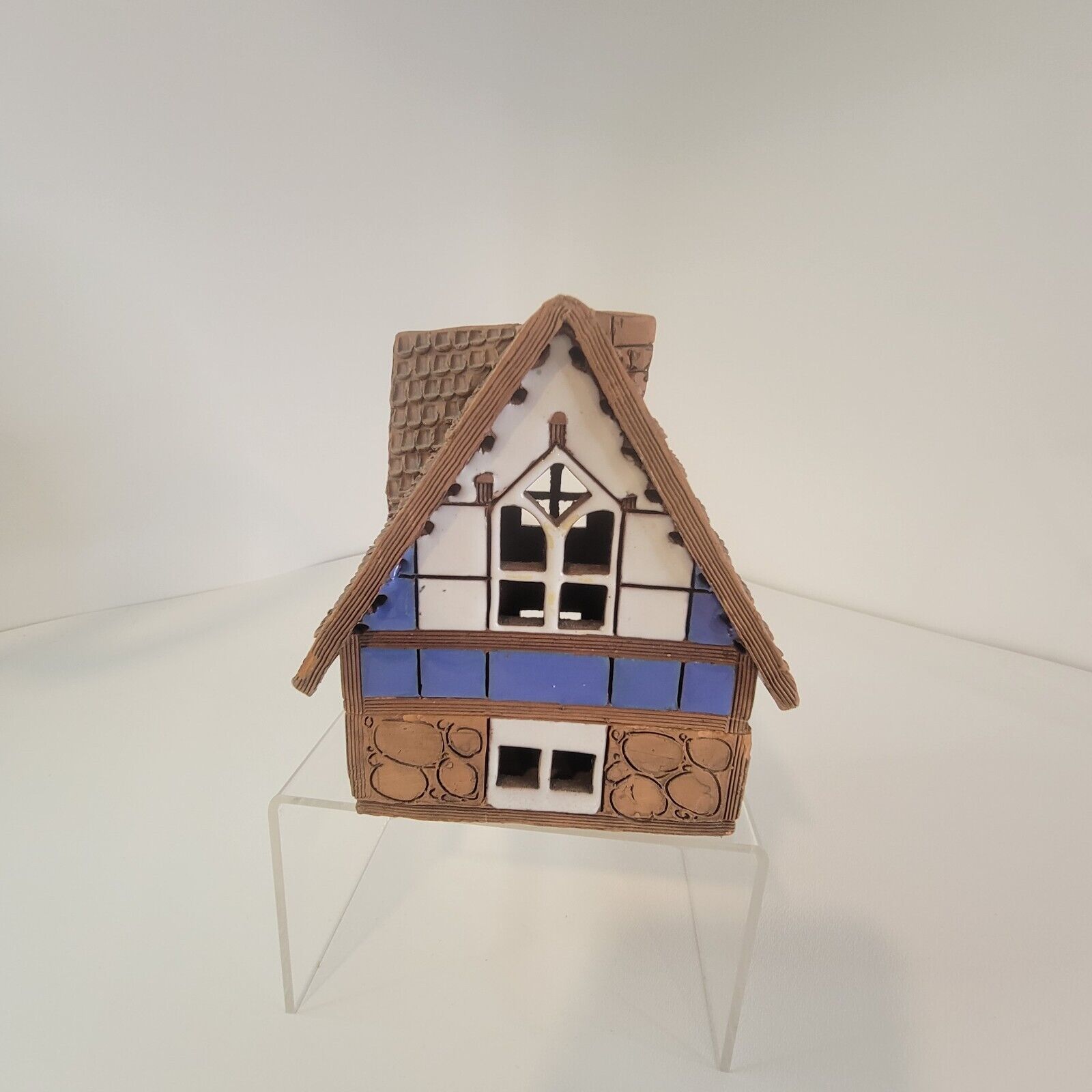 Lithuanian Clay Pottery Candle Incense House Blue  2-Part Cottage Stukevich