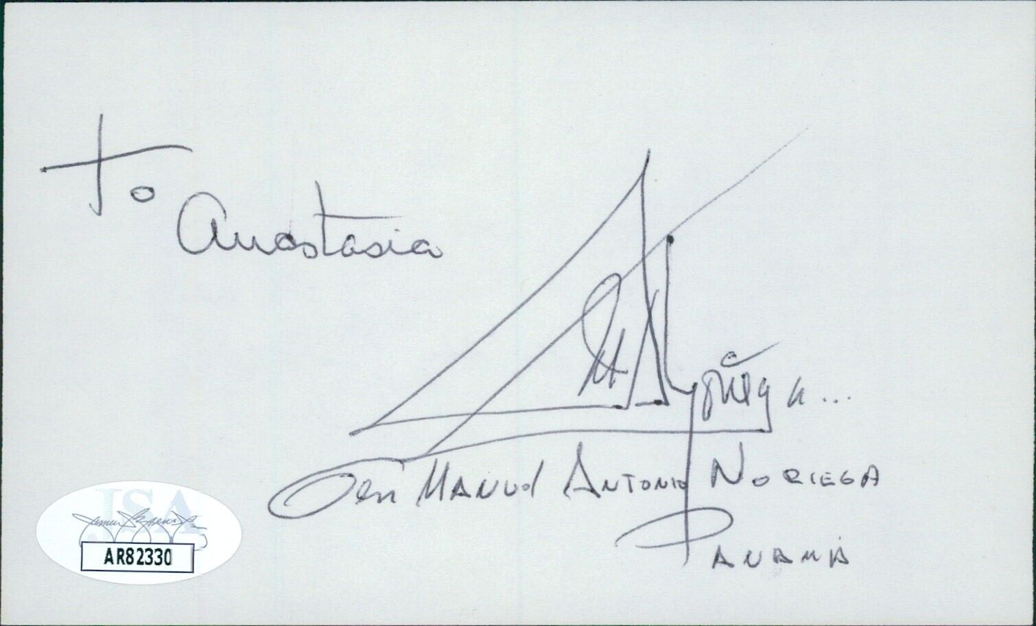 Manuel Noriega Panamanian Dictator General Signed 3x5 Index Card JSA Authentic