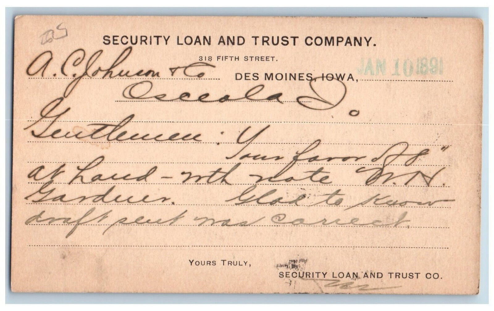 Des Moines Iowa IA Osceola IA Postal Card Security Loan and Trust Company 1891