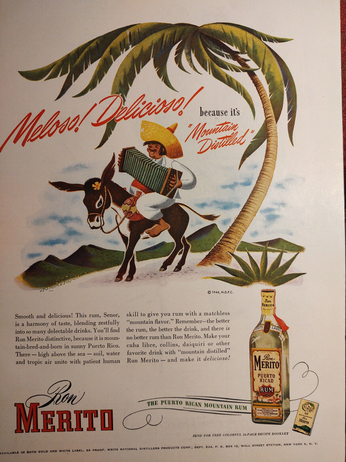 1946 Original Esquire Art WWII Era Ad Advertisement Ron Merito Puerto Rican Rum