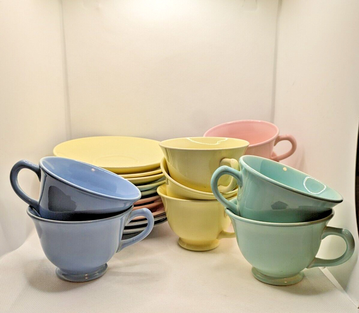 LU-RAY Pastel Teacup & Saucers Pink Blue Green Yellow - 8 sets; 16 Pieces Total