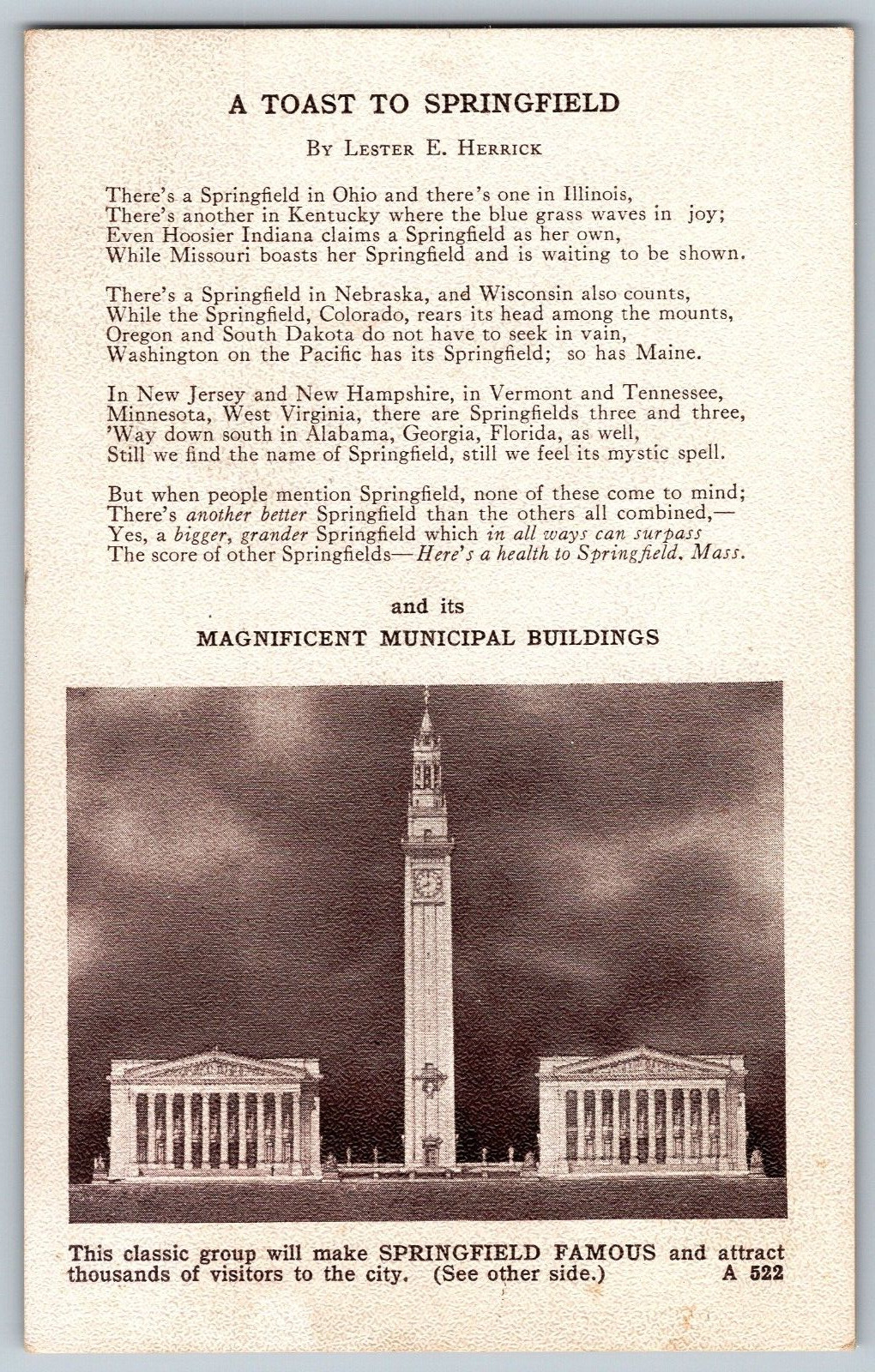 Springfield, MA - Magnificent Municipal Building - Poem - Vintage Postcard