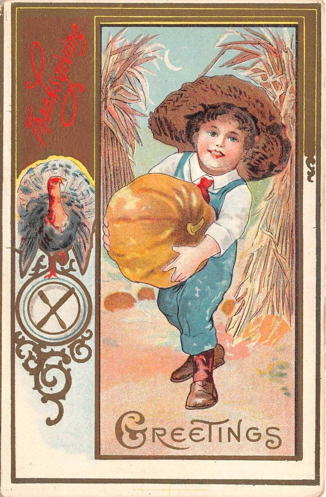 Thanksgiving Greetings Farm Boy Holding Pumpkin Embossed c1910 Postcard