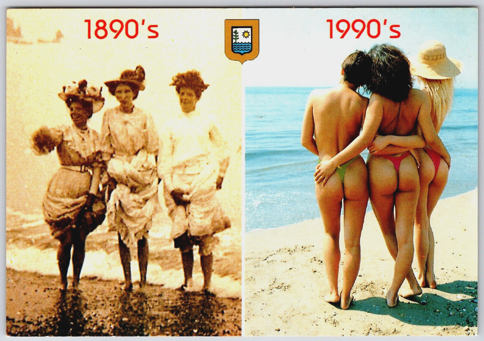 Then and now Beach Girls Postcard Risque Ocean 90\'s Pinup Adult Butt Bum