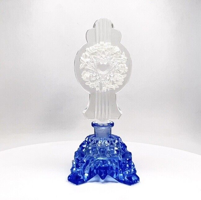 Czech Bohemian Blue Cut Glass Perfume Bottle with Floral Stopper Clear Art Deco