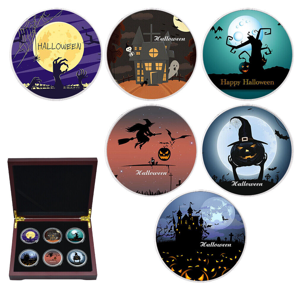 Business Gifts 6pcs Silver Plated Halloween Metal Coin with Red Wooden Box