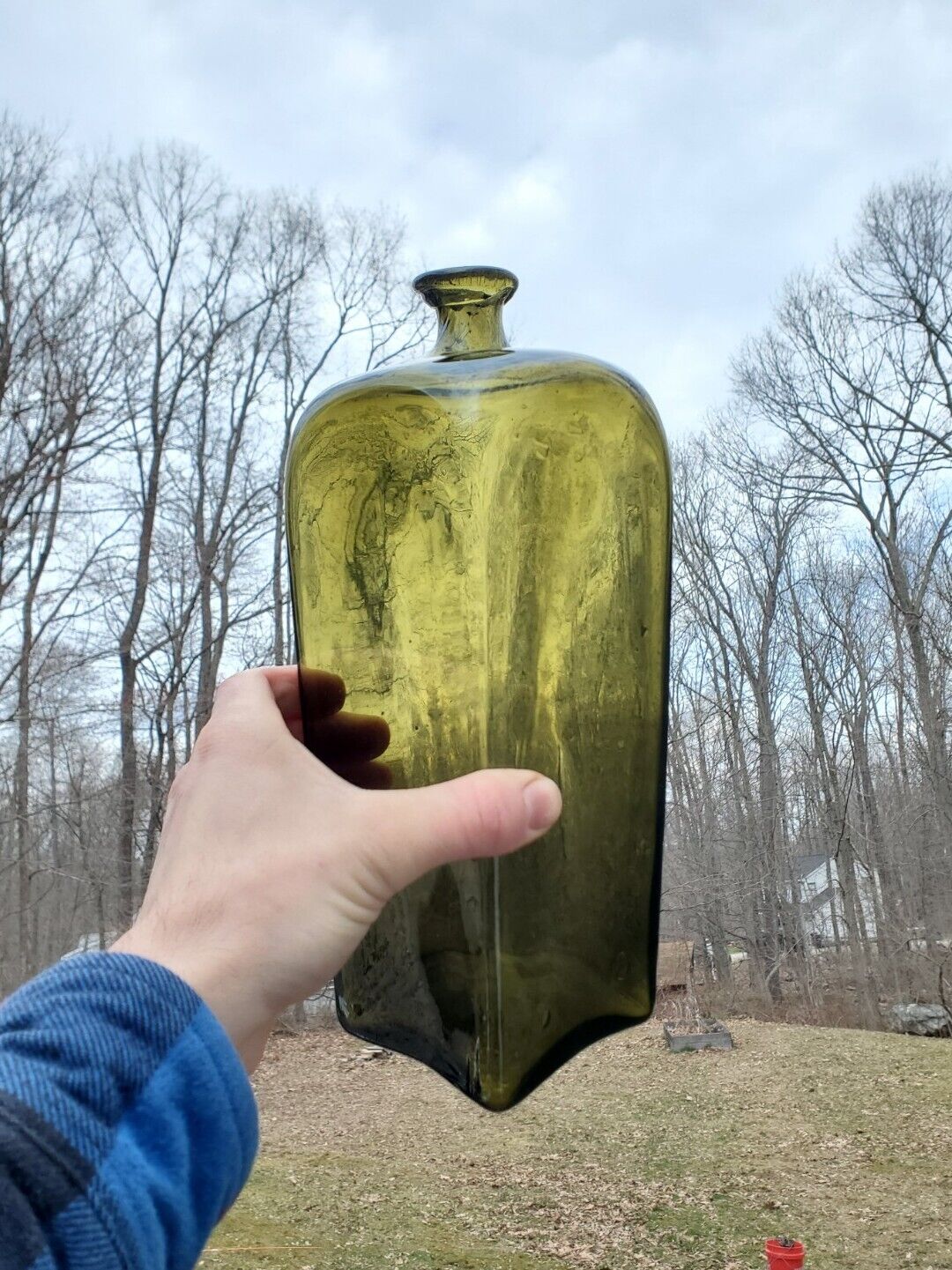 Nice Large Crude Olive Green 18th Century Blown Gin Bottle Pontil