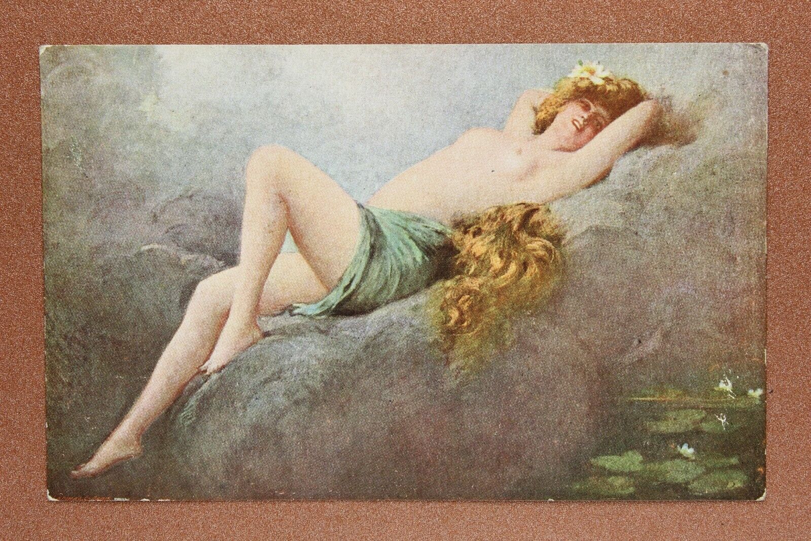 Nymph Mermaid Nude witch. Water flower. Tsarist Russia Lapina postcard 1909s