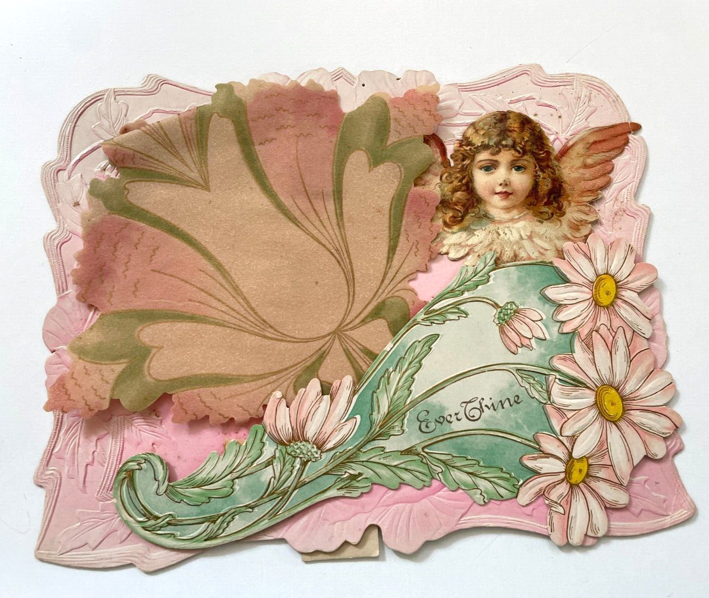 Large Gorgeous 1908 Valentine Card w/ Parchment Paper & Sweet Girl Angel  *