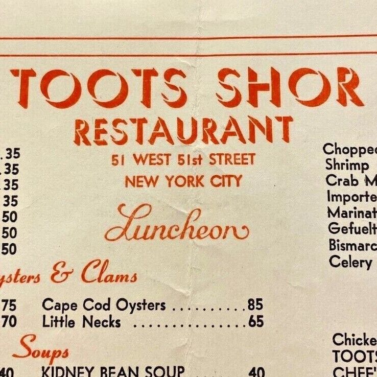 1950s Toots Shor Restaurant Lounge Menu West 51st Street New York City Manhattan