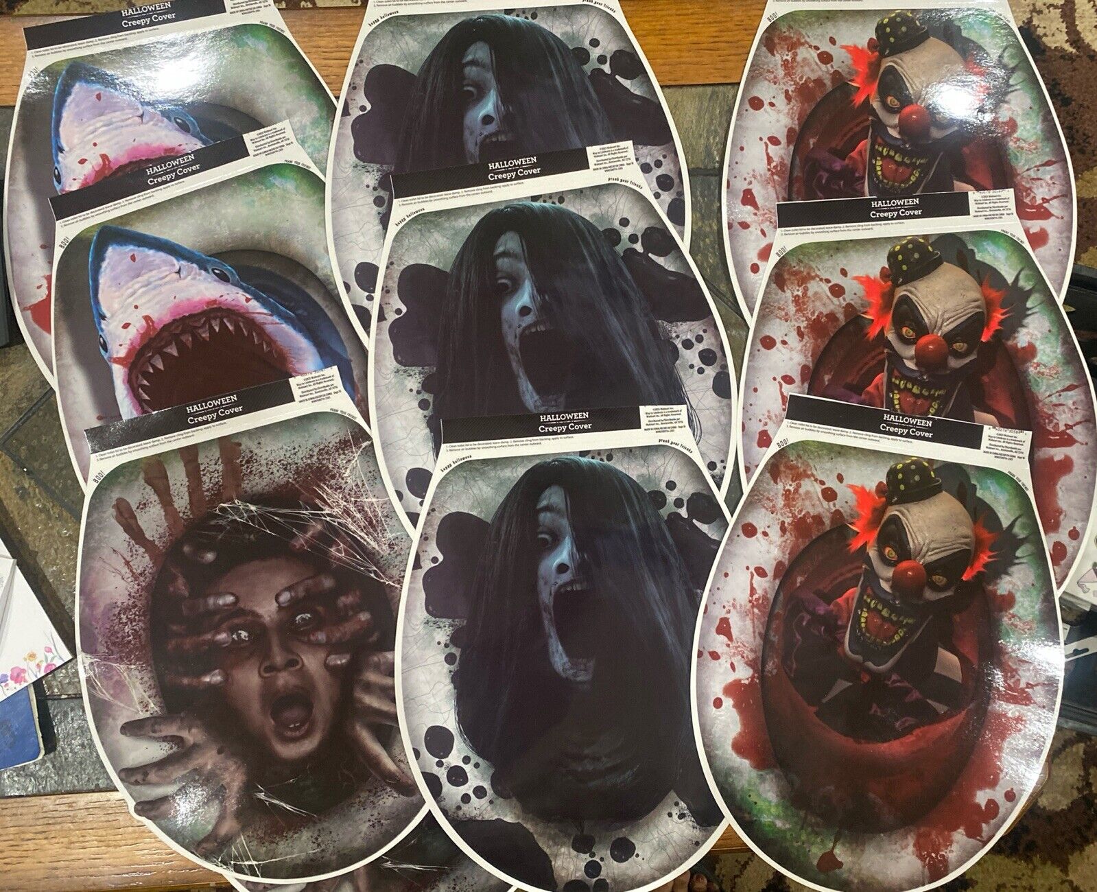 10 Creepy Covers 4 Designs TOILET TOPPER Cling Decal Bathroom Halloween Decor