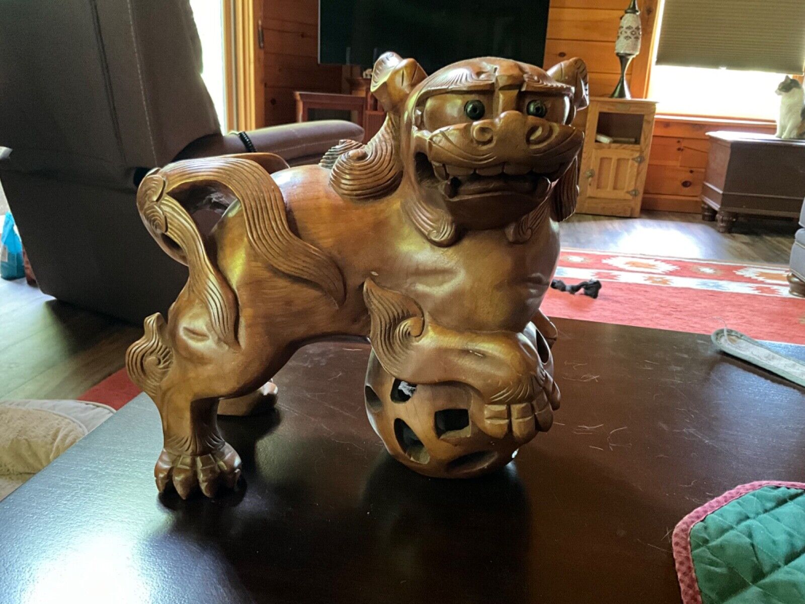 Vintage Lg Hand Carved Chinese Wood Foo Dog with Floating Ball Mouth Orb U191 2