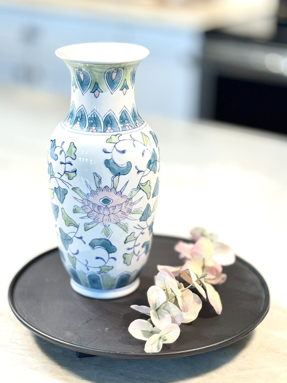 Vintage Chinoiserie Chinese Floral Lotus Vase 10”