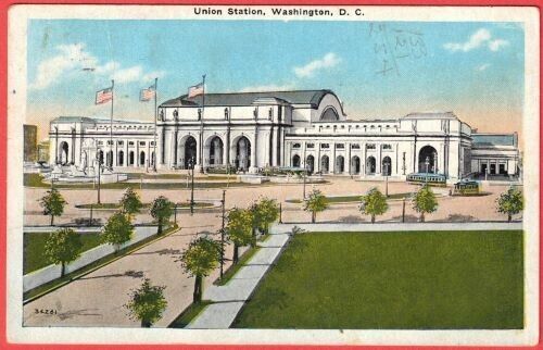 Union Station, Washington DC - Vintage linen Postcard - Street cars
