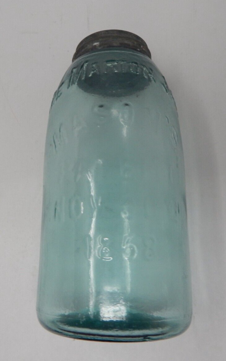 The Marion Jar Mason's Patent Nov. 30TH 1858 Aqua Quart Fruit Jar Matching Lid