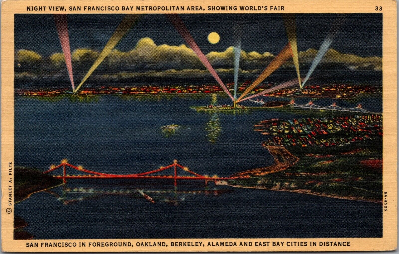 San Francisco Bay CA Night Moon Spotlights World's Fair Ships Bridges Postcard