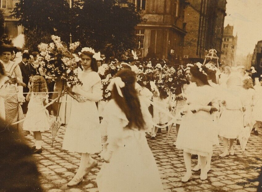 Children Walk in Catholic Procession Antique Film Set of 2 Photographs c.1914