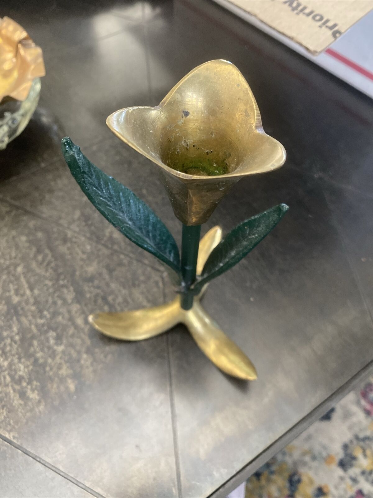 Flower Shaped Candle Holders Brass And Metal Green 6\