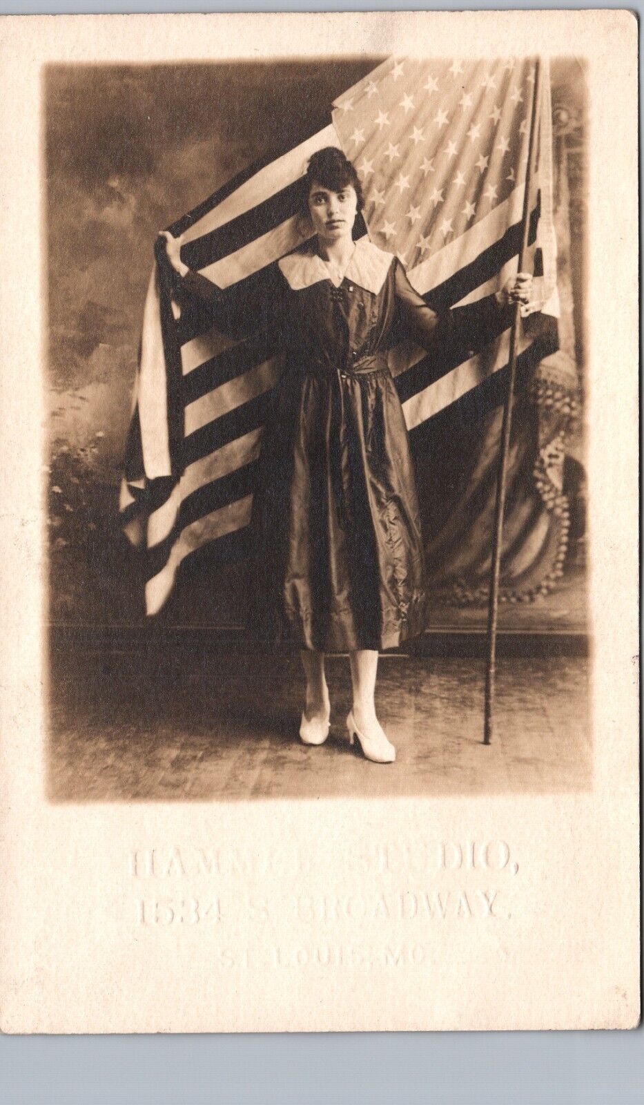 PATRIOTIC WOMAN FLAG st louis mo real photo postcard rppc missouri history