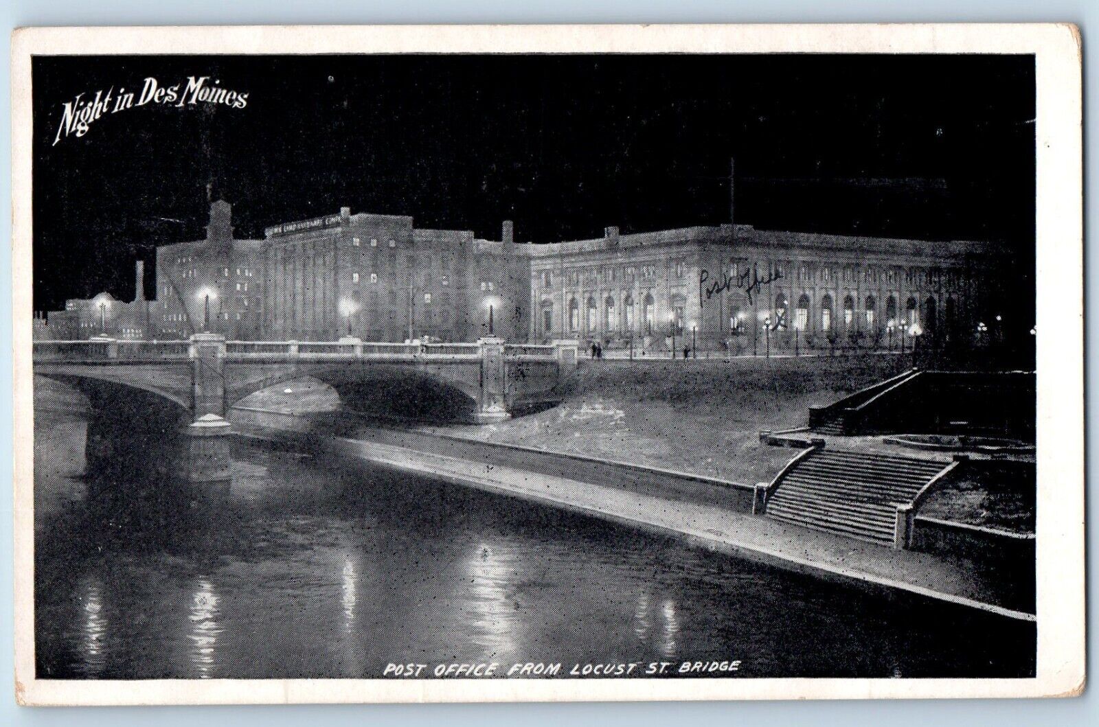 Des Moines Iowa IA Postcard Night Post Office Locust St. Bridge c1914 Vintage