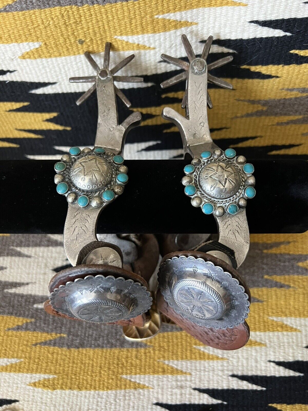 Pair of Old Crockett Silver Mntd Spurs with Huge Rowels Turquoise Concho Straps