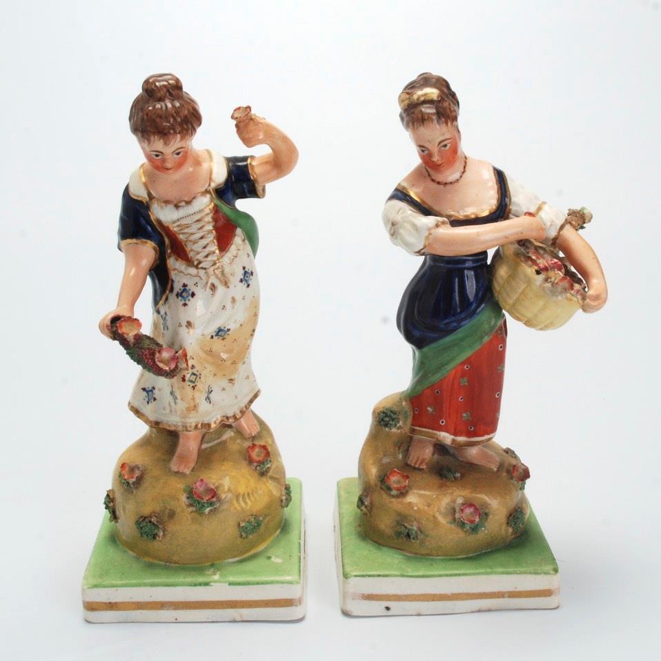 Staffordshire Female Figures With Flowers Antique 19th C Pair of 2
