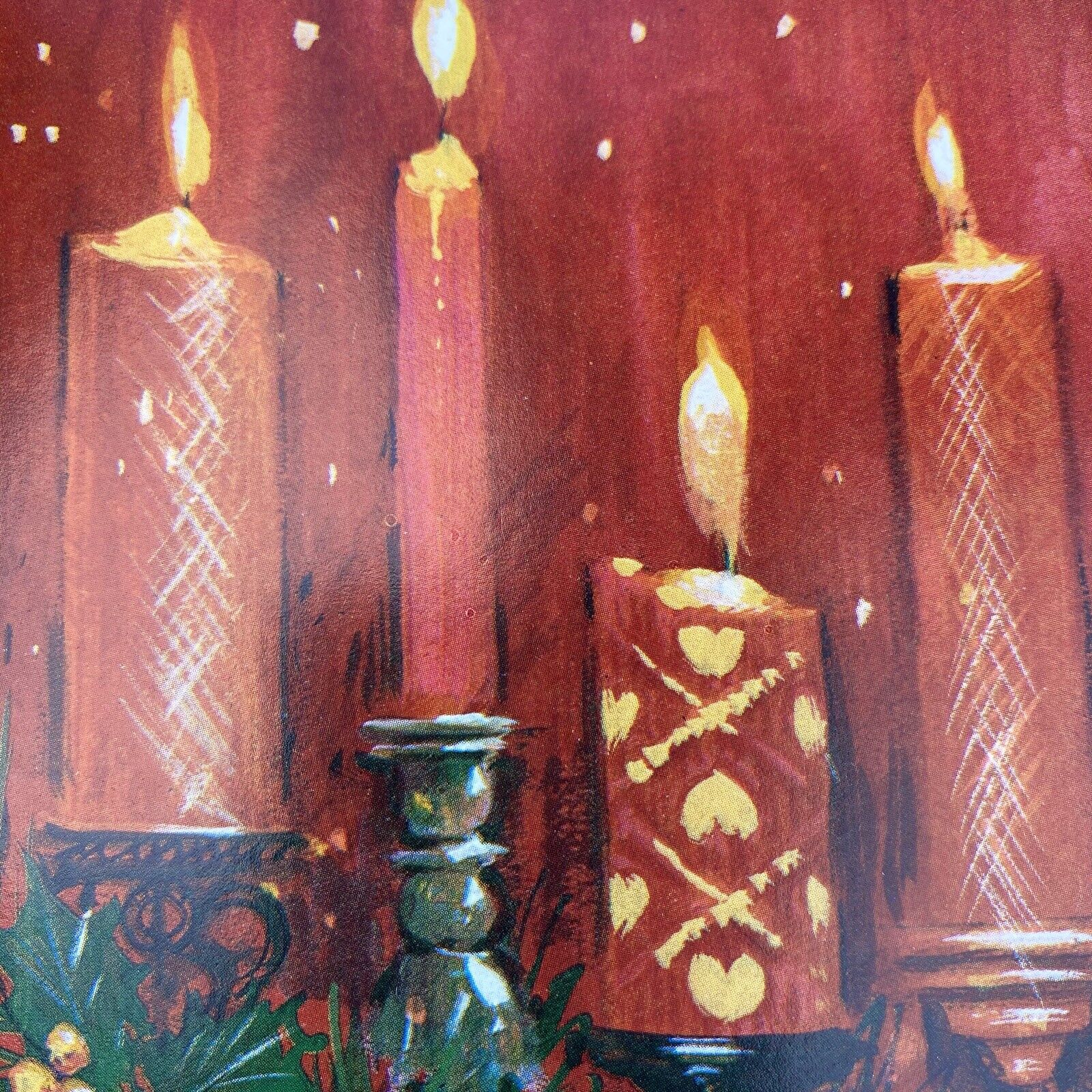 Vintage Mid Century Christmas Greeting Card Red Embellished Candles Fruit Decor