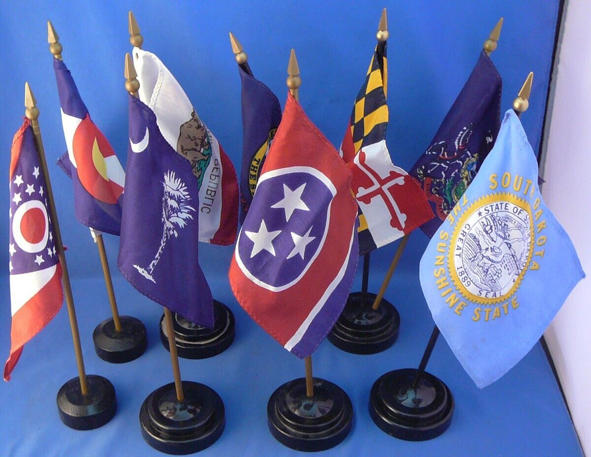 9 Various Mini State Flags, Stands, Colorado, Pennsylvania, South Carolina,More