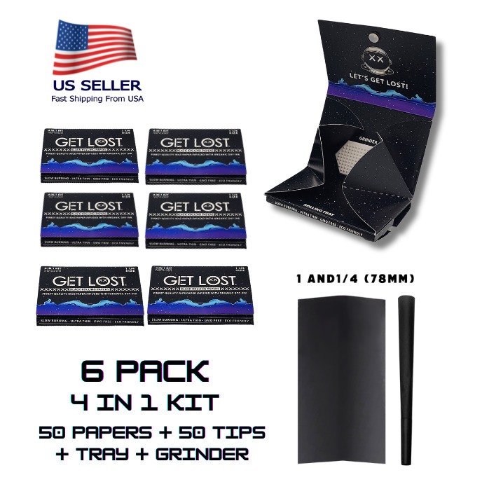 Get Lost Black Rolling Papers 1 1/4 Size ,4 in 1 Kit (6 PACK)