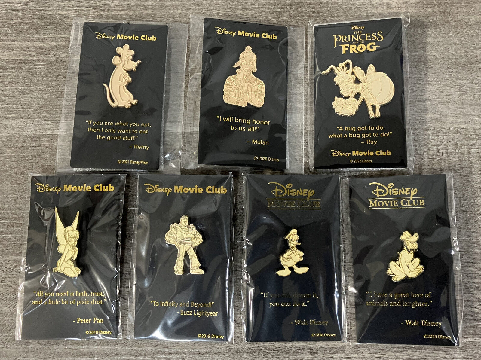 Set of 7 Disney Movie Club Exclusive Lapel Pins Gold Tone - Tinker Bell Mulan +