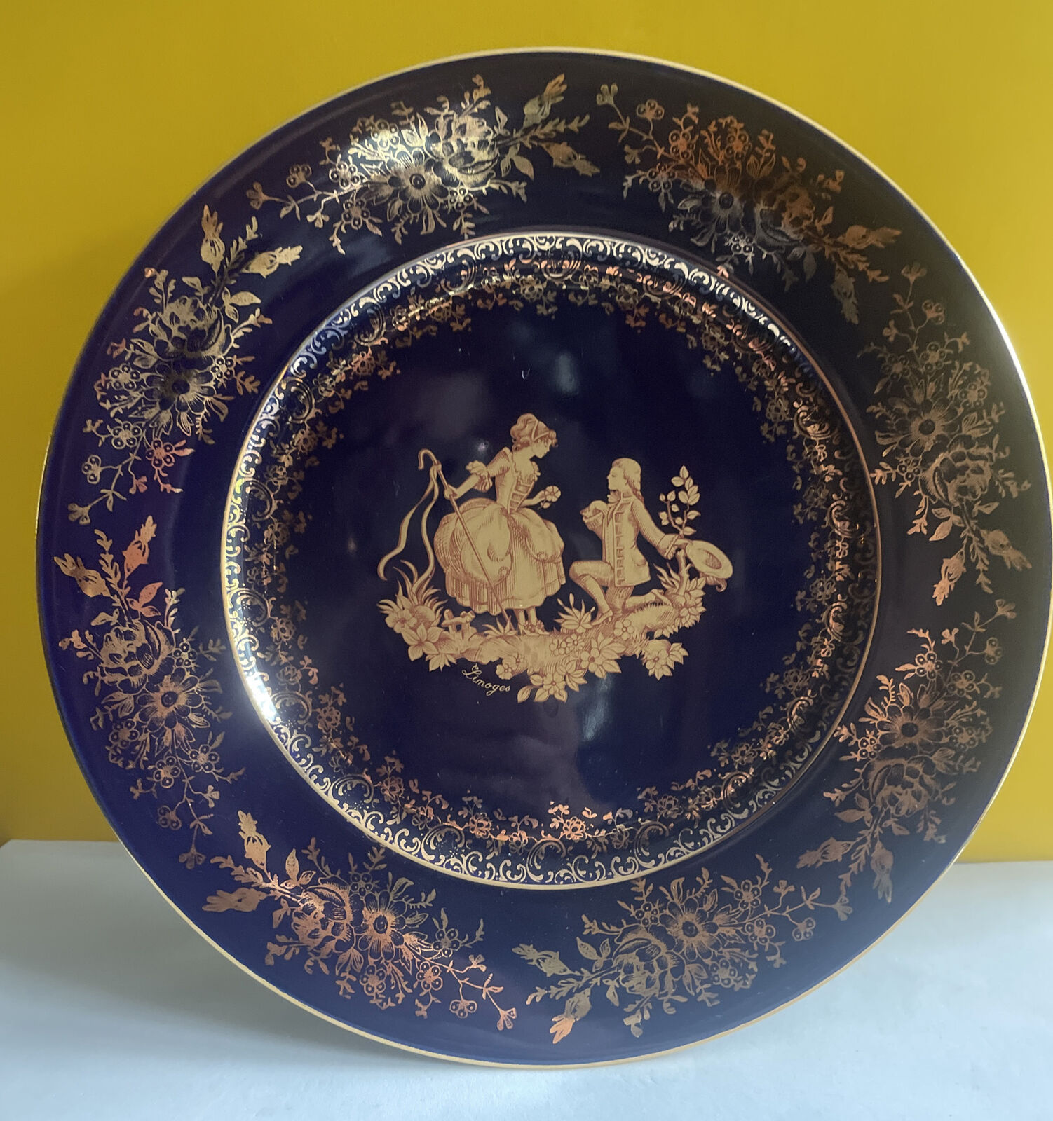 22K Gold Limoges Castle Porcelain Plate Courting Couple Cobalt Blue 8.5\