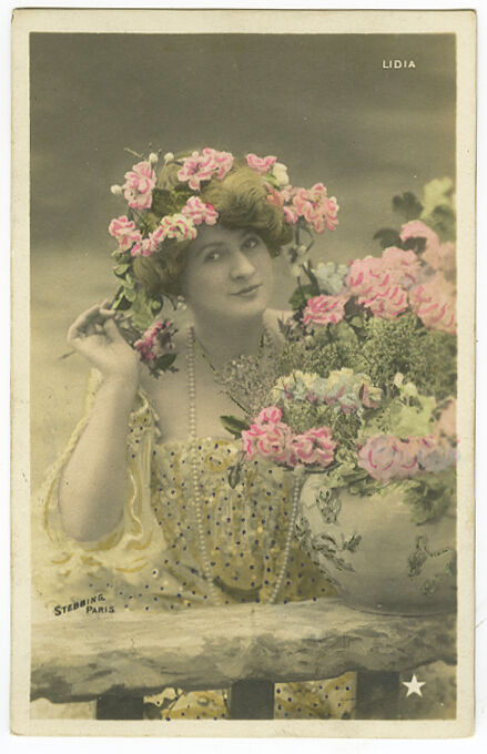 c 1905 French Beauty Theater Mlle LIDIA w/ BEADS tinted photo postcard