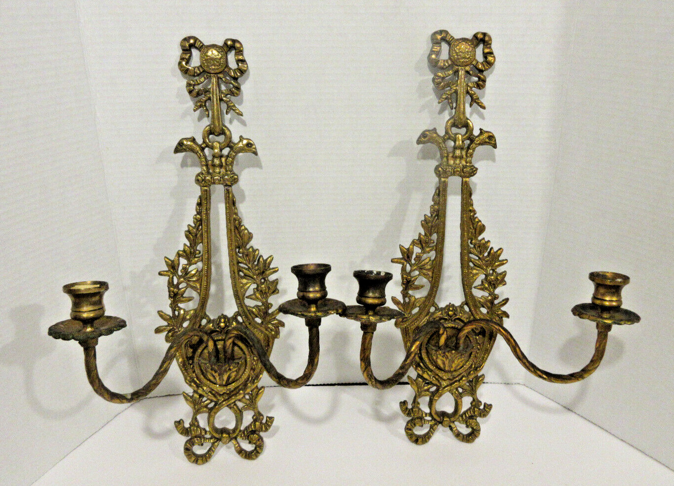 2 Vintage Gold brass wall sconce double arm candlestick holder floral and bow