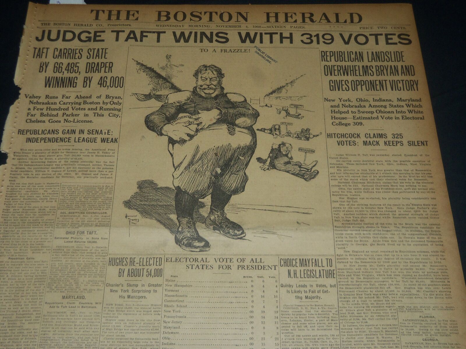 1908 NOV 4 THE BOSTON HERALD - JUDGE TAFT WINS WITH 319 VOTES - BH 241