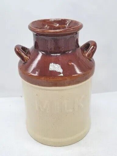 Stoneware Milk Jug Stoneware Brown & Ivory Flower Vase 7.25 Inches Tall Vintage