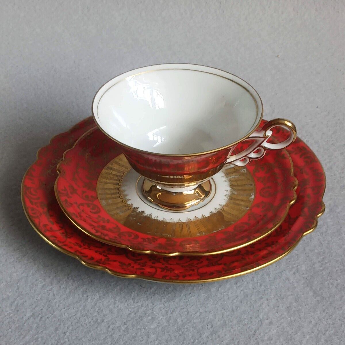 Vintage Jlmenau Tea Cup, Saucer, Dessert Plate Trio, Red & Gold, Made in German