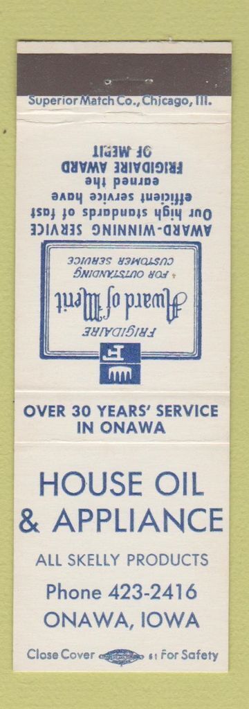 Matchbook Cover - House of Oil and Appliance Onawa IA