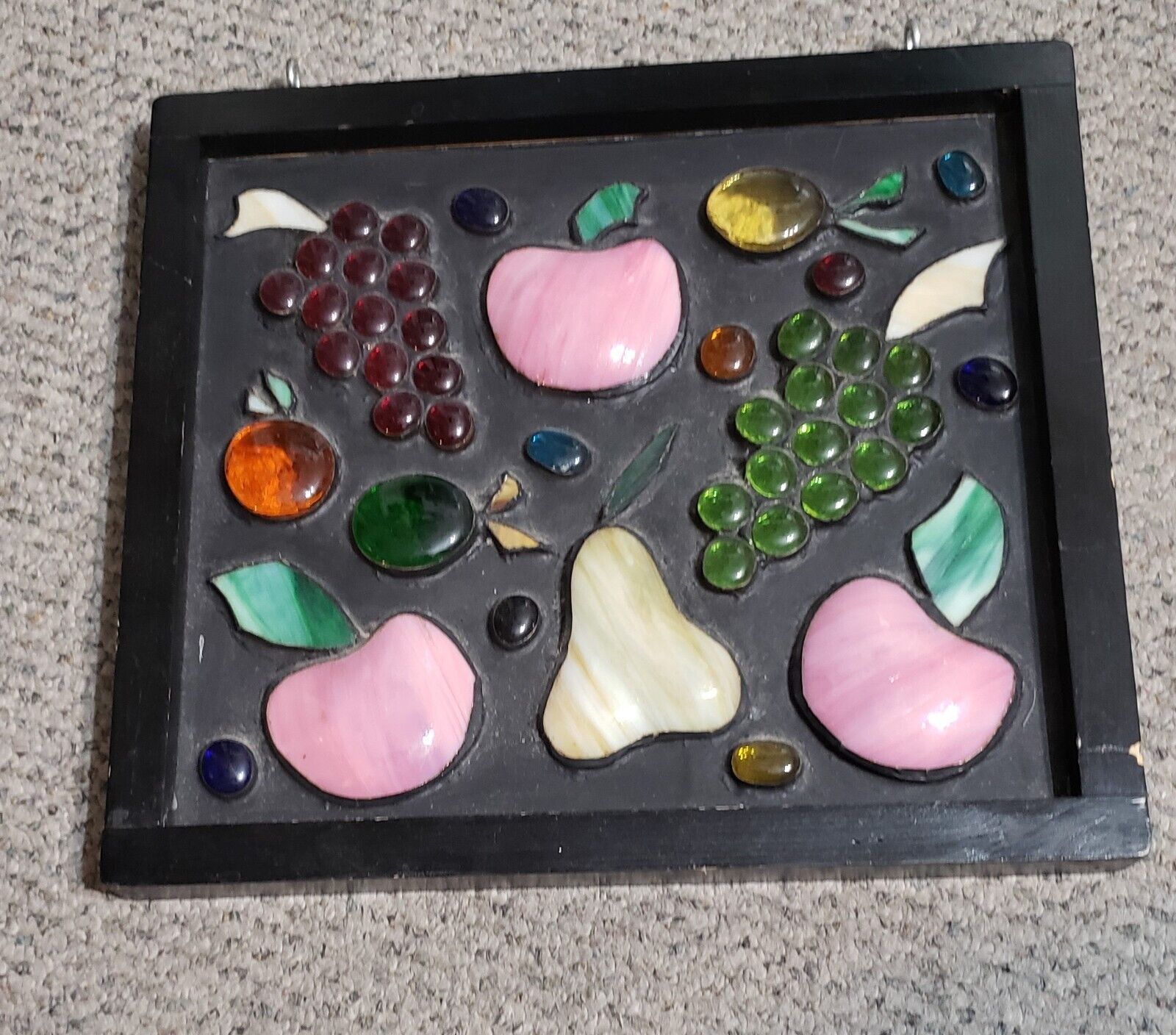 Vintage Stained Glass Art Wall Hanging Fruit Grapes Apples Pears Wood Frame
