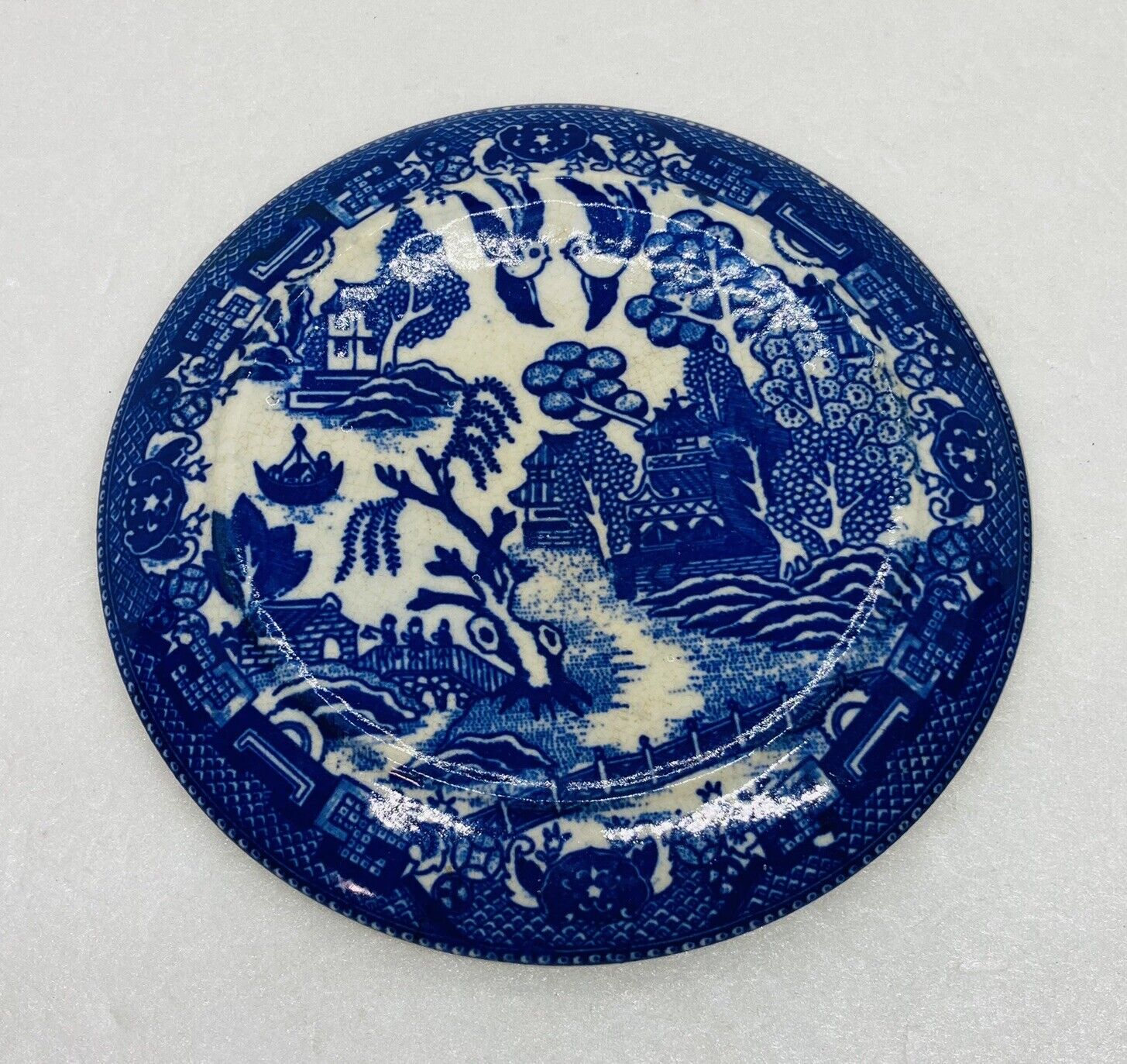 Rare 1970s Blue White Japanese Ceramic Art Plate Concave Palace Garden View O