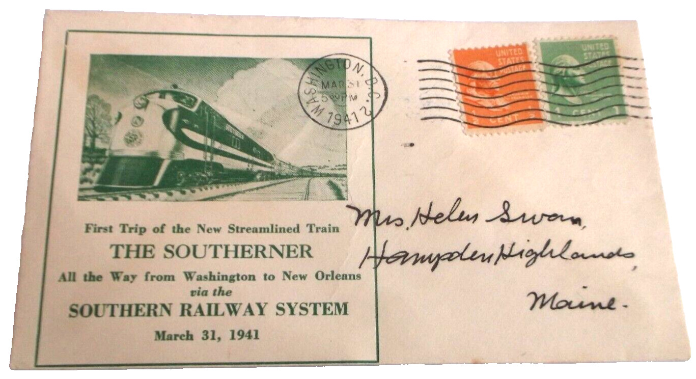 1941 SOUTHERN RAILWAY THE STREAMLINED SOUTHERNER  FIRST TRIP SOUVENIR ENVELOPE A