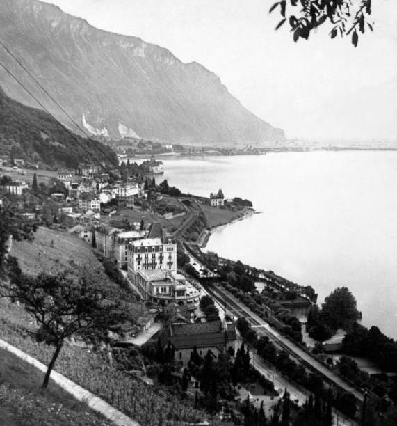 View Lake Geneva, Dents du Midi & village Glion, Switzerland early- Old Photo
