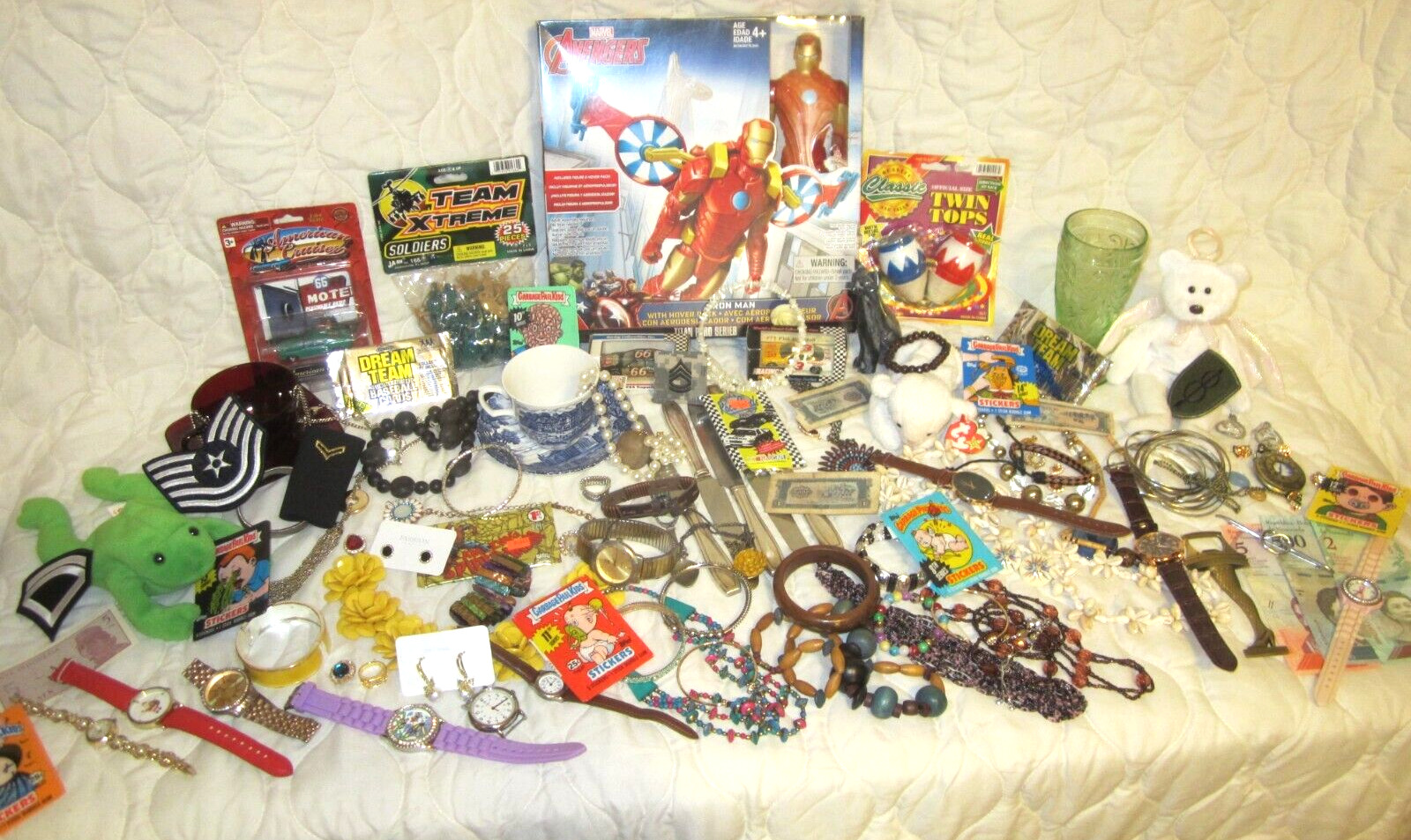 JUNK DRAWER LOT New Toys, 11 Working Watches, Jewelry, Vintage Glassware, MORE