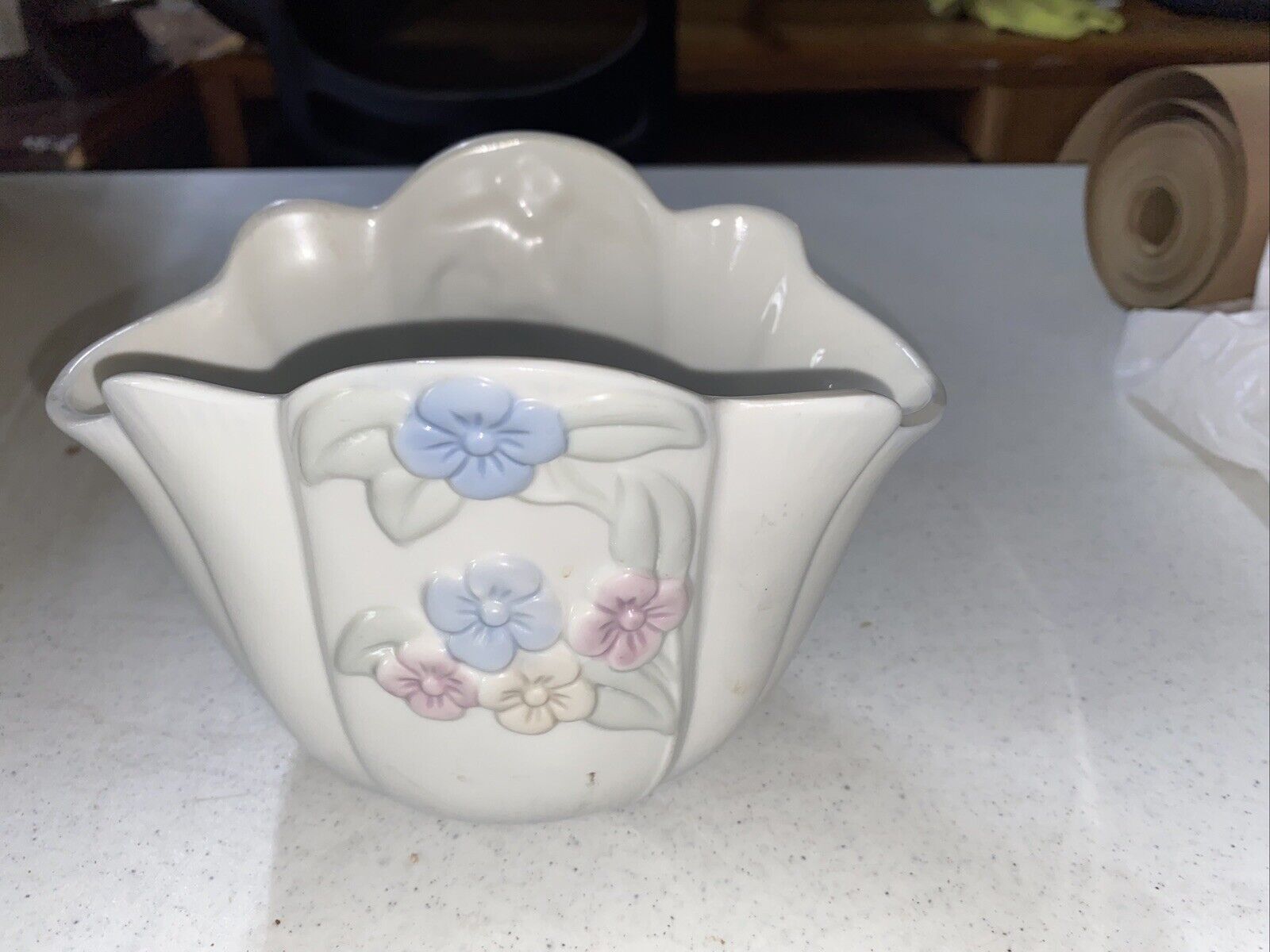 Vintage Ceramic Flower Pot with flowers on it. Flower Pot/Caddy