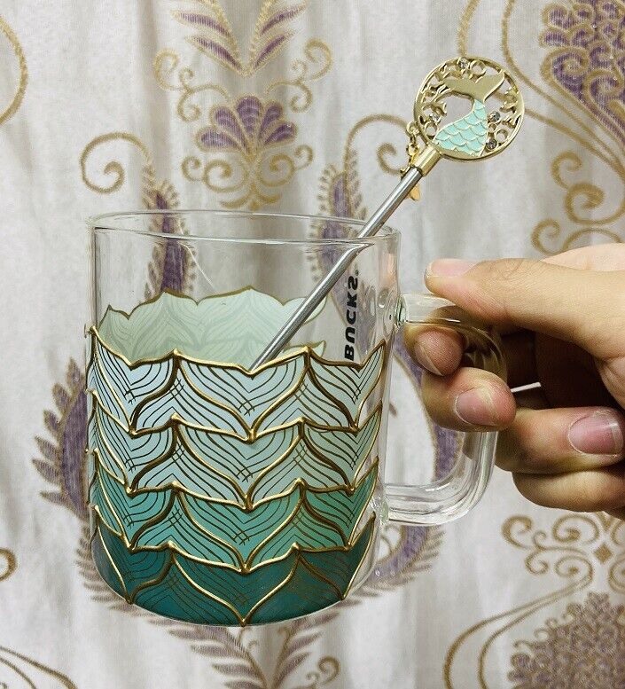2021 Starbucks Glass Cup w/ stir rod Fish tail Gradient Scales Sakura Coffee mug