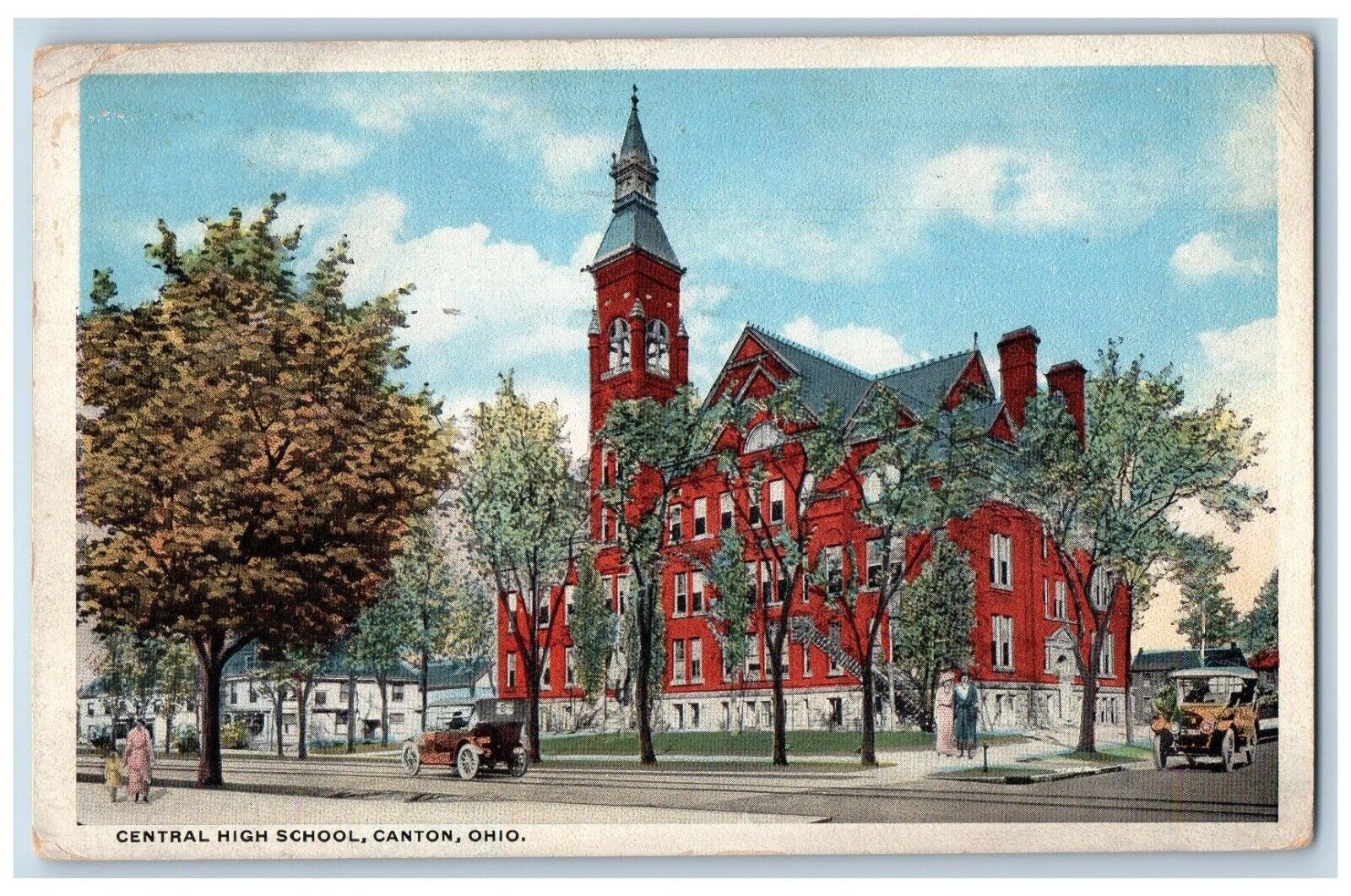 Canton Ohio Postcard Central High School Building Classic Cars Trees 1919 Posted